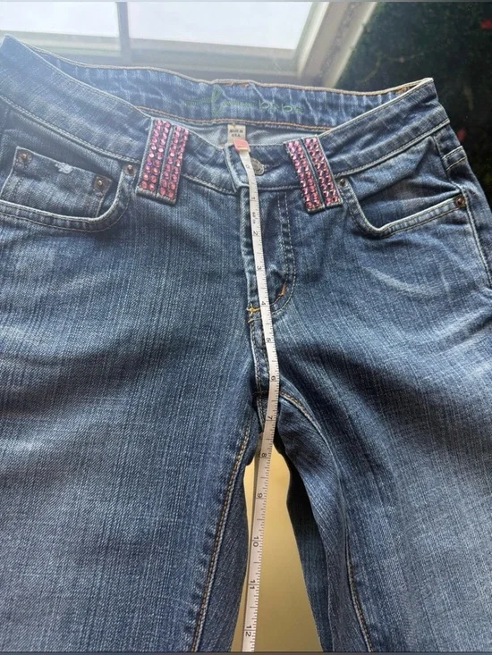 bebe Blue Denim Bootcut Jeans with Pink Rhinestone Logo - Picture 10 of 12